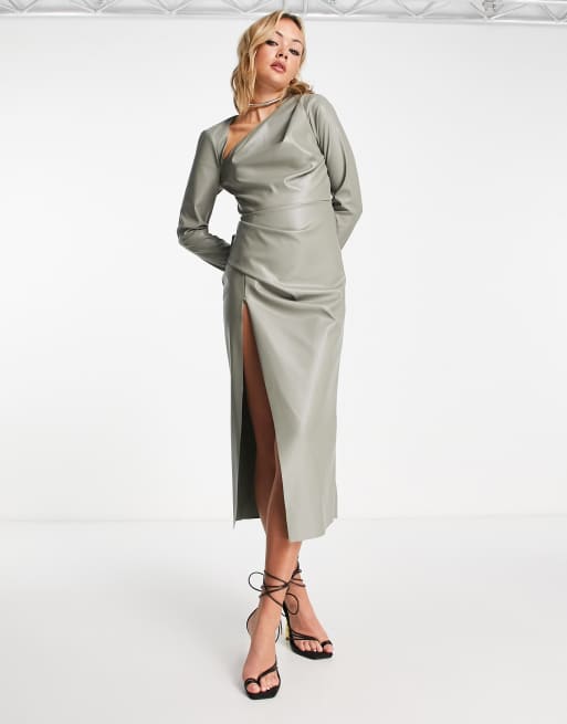 ASOS Design Drape Midi Dress with Wrap Skirt in Textured Fabric in Green