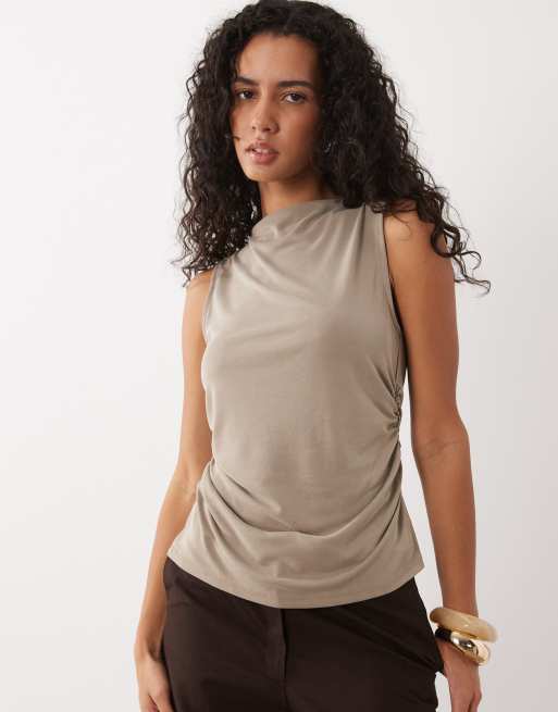 ASOS DESIGN drape detail ruched side top in taupe, 2 of 4