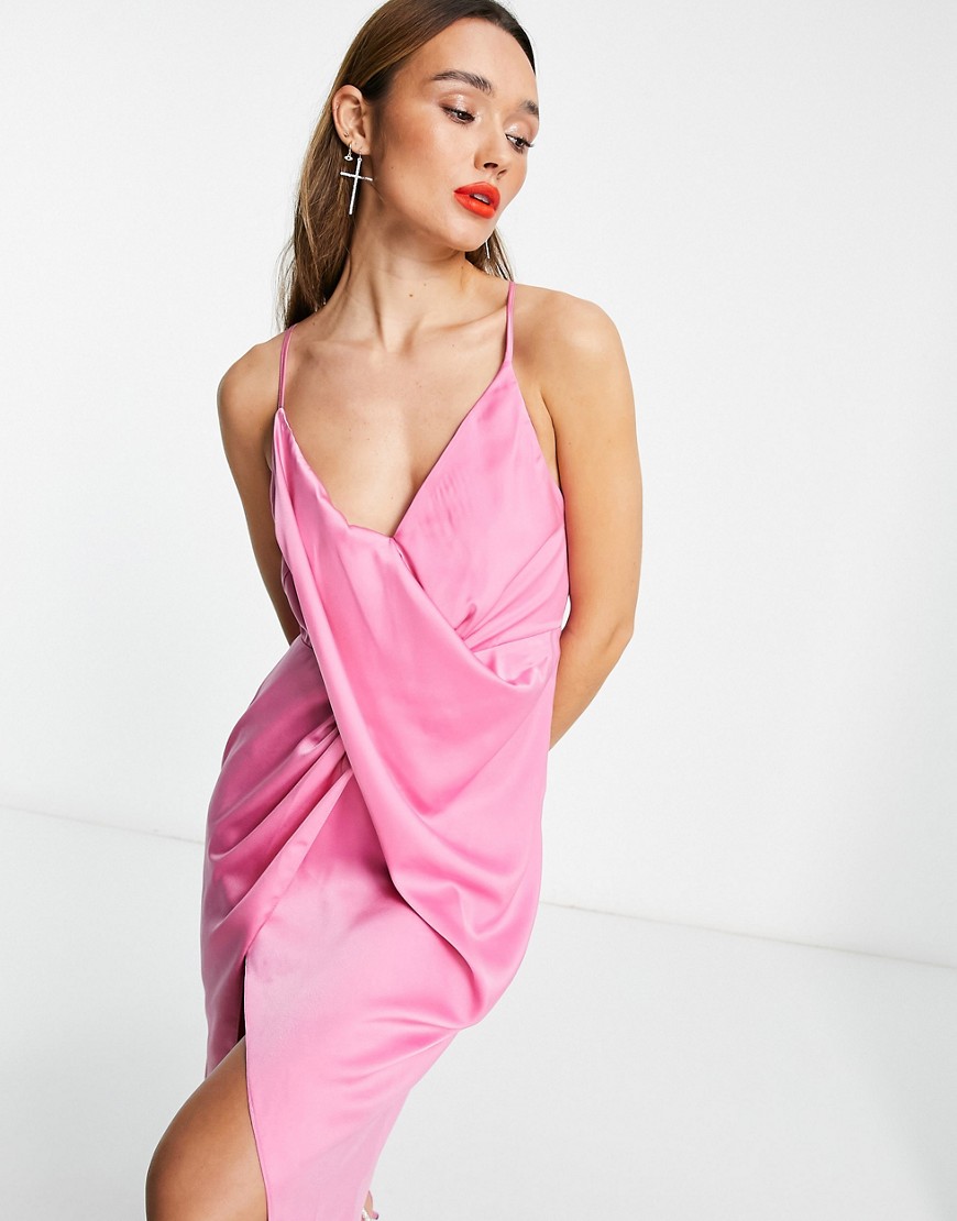Asos Design Drape Detail Satin Midi Dress With Strappy Back In Pink