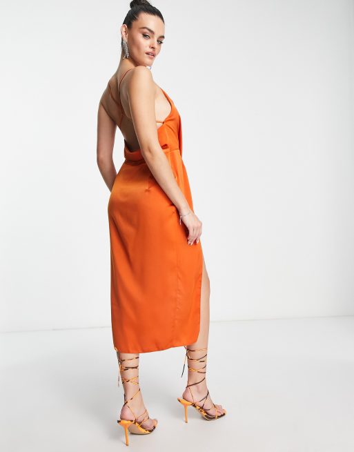 ASOS DESIGN drape detail satin midi dress with strappy back in rust, 2 of 4