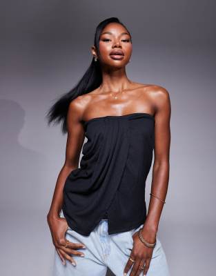 ASOS DESIGN drape detail split front bandeau top in black