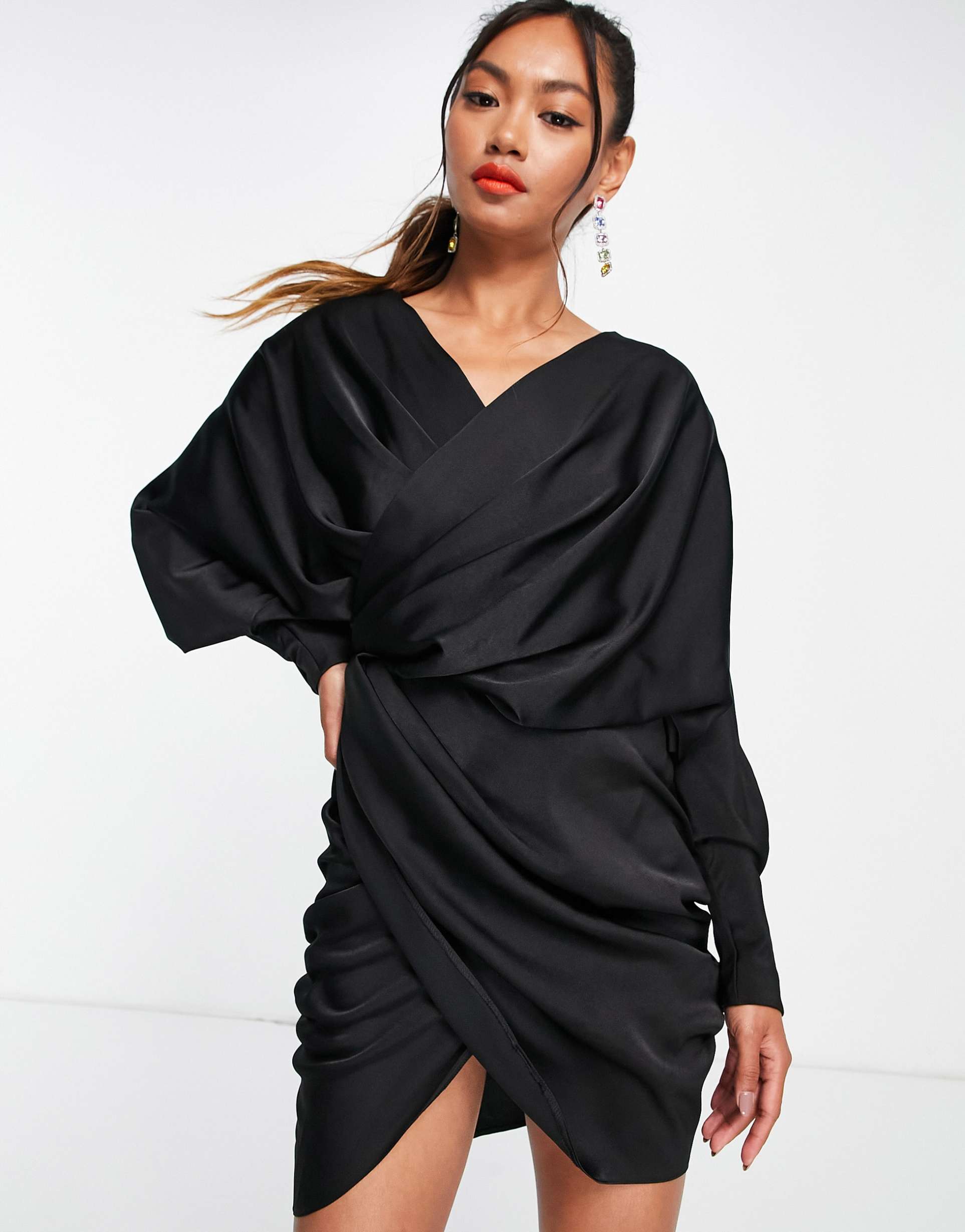 asos design drape detail wrap dress with batwing sleeve in black