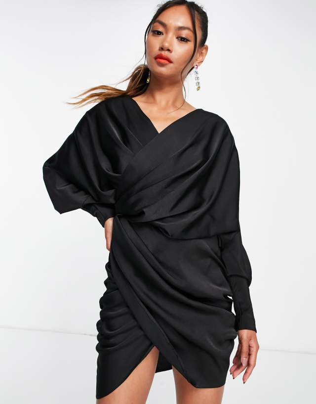 ASOS DESIGN drape detail wrap dress with batwing sleeve in black