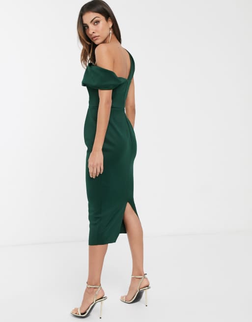 ASOS DESIGN drape fallen shoulder midi pencil dress in forest green ASOS