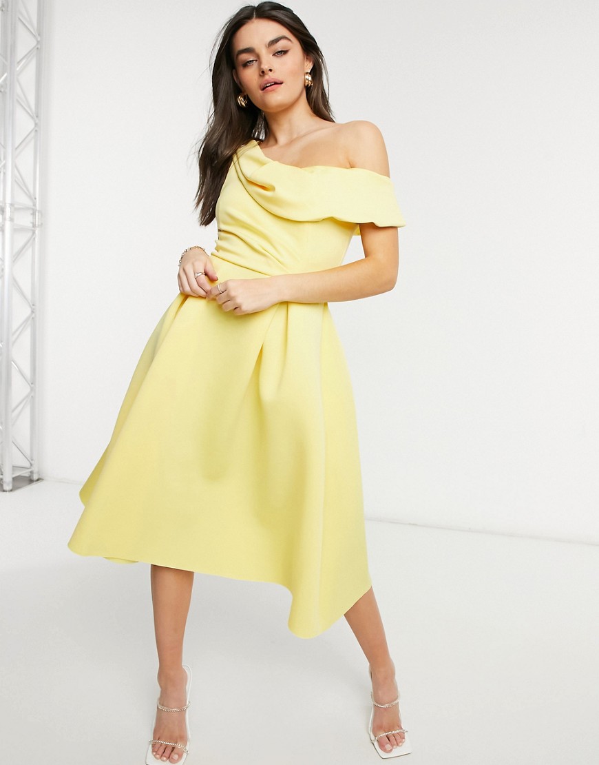 ASOS DESIGN drape fallen shoulder midi skater prom dress in lemon-Yellow