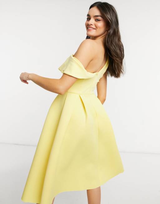 ASOS DESIGN drape fallen shoulder midi skater prom dress in lemon