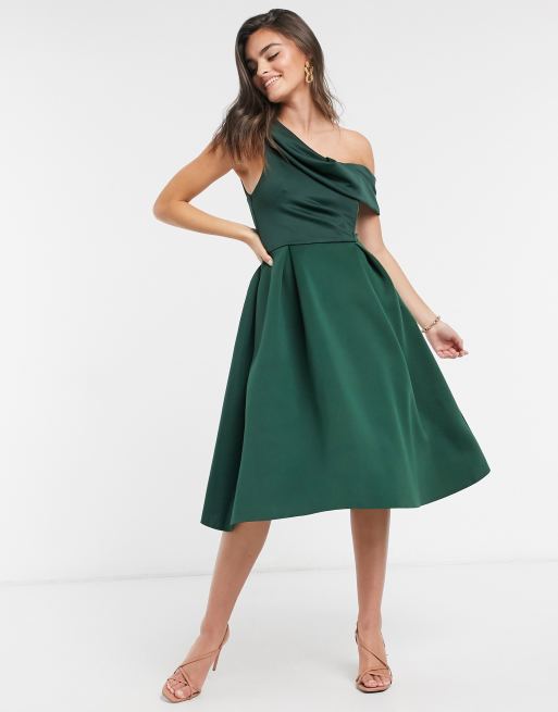 ASOS DESIGN drape fallen shoulder prom midi dress in forest green