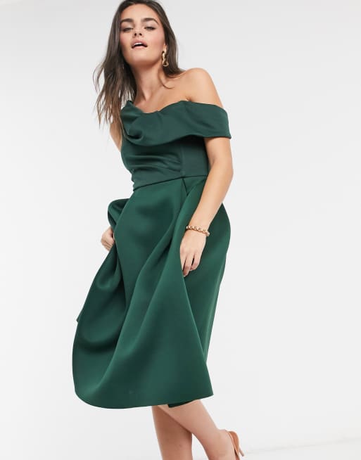 ASOS DESIGN drape fallen shoulder prom midi dress in forest green