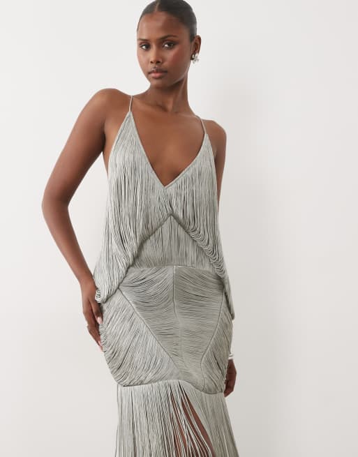 ASOS DESIGN drape fringe maxi dress in silver, 2 of 4