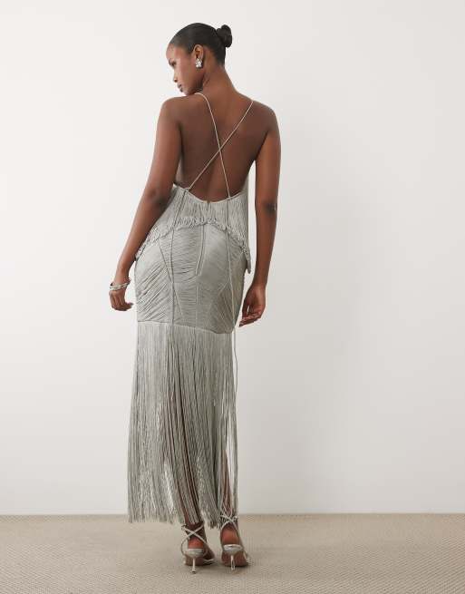 ASOS DESIGN drape fringe maxi dress in silver, 3 of 4