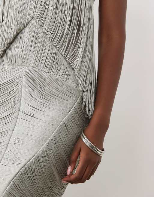 asos silver fringe dress ASOS DESIGN fringe embellished padded shoulder mini dress in silver