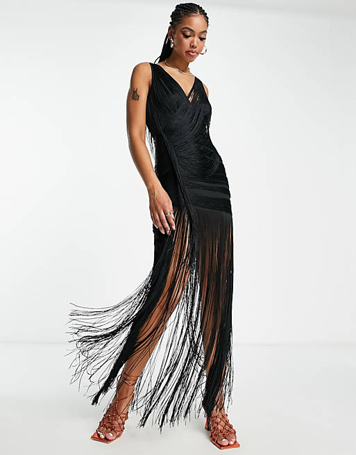 ASOS DESIGN drape fringe maxi dress with wrap detail in black