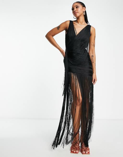 ASOS DESIGN drape fringe maxi dress with wrap detail in black