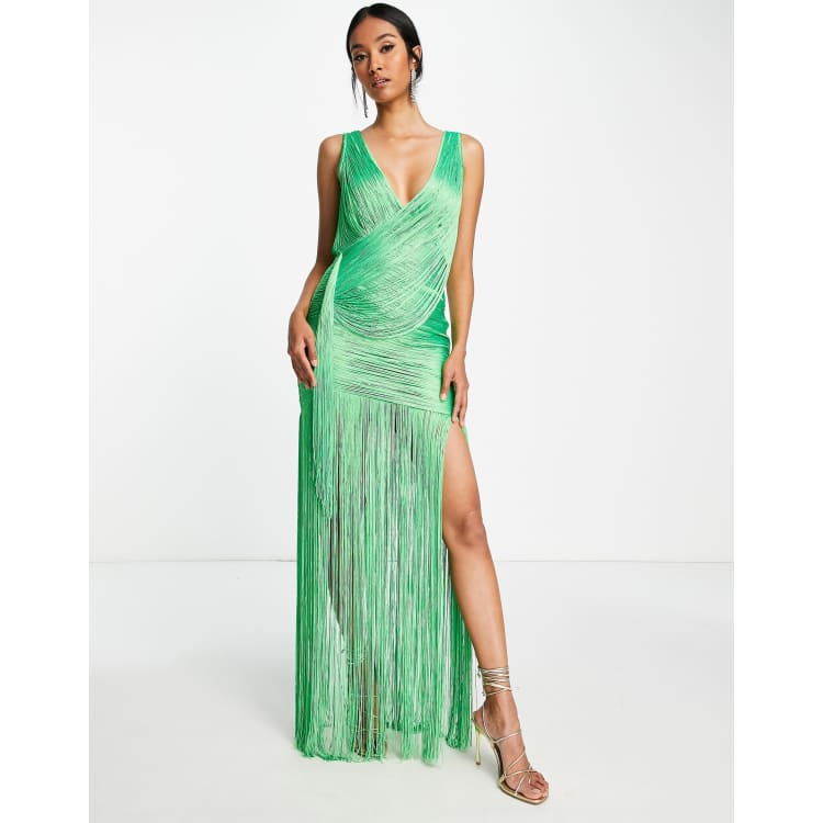 asos green fringe dress ASOS DESIGN scoop racer neck fringe maxi dress in green