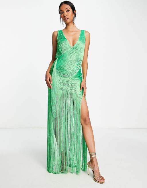 ASOS DESIGN drape fringe maxi dress with wrap detail in green ASOS