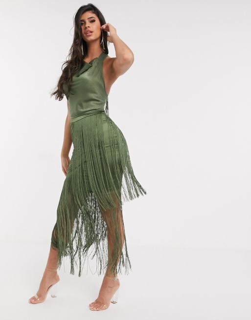 Green maxi skirt outlet with fringe