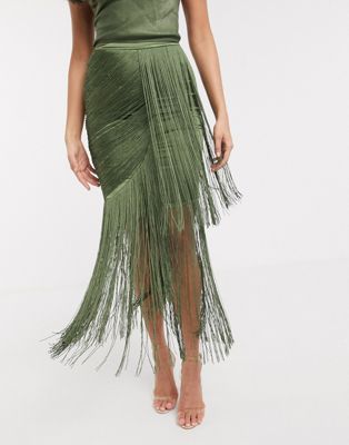 ASOS DESIGN drape fringe maxi skirt two-piece in washed satin in khaki ...