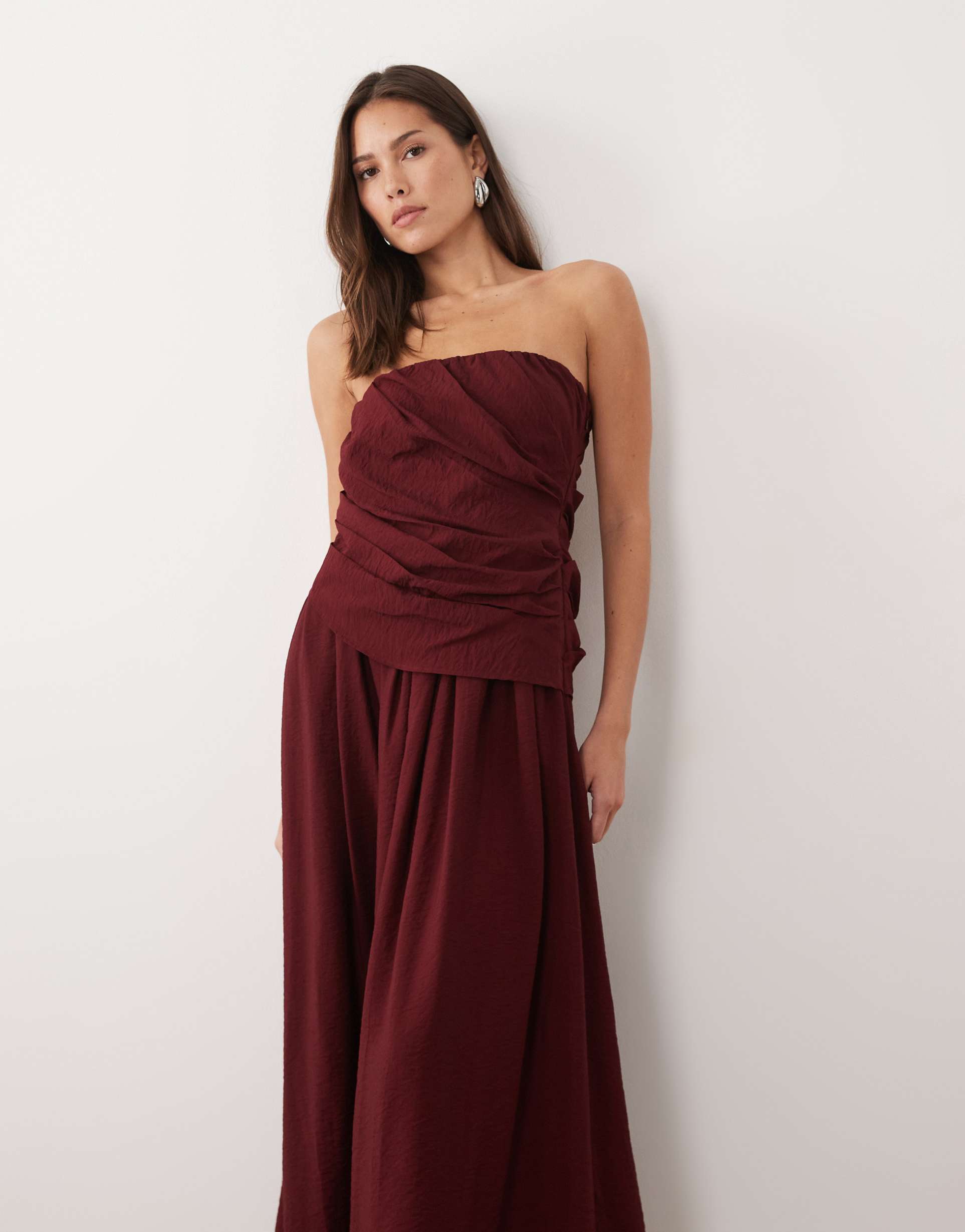 asos design drape front bandeau midi dress in dark red