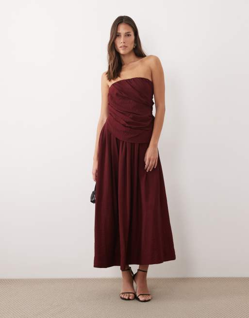 red bandeau midi dress Bandeau Cut Out Front Frill Edge Split Leg Midi Dress In Red Mesh | EGO US