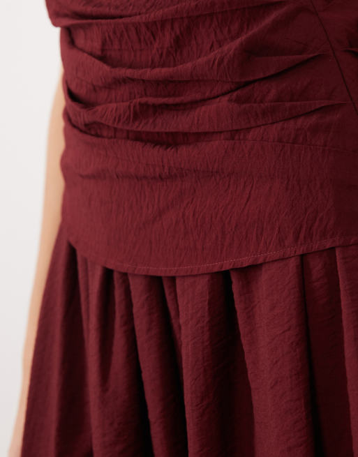 ASOS DESIGN drape front bandeau midi dress in dark red, 3 of 4