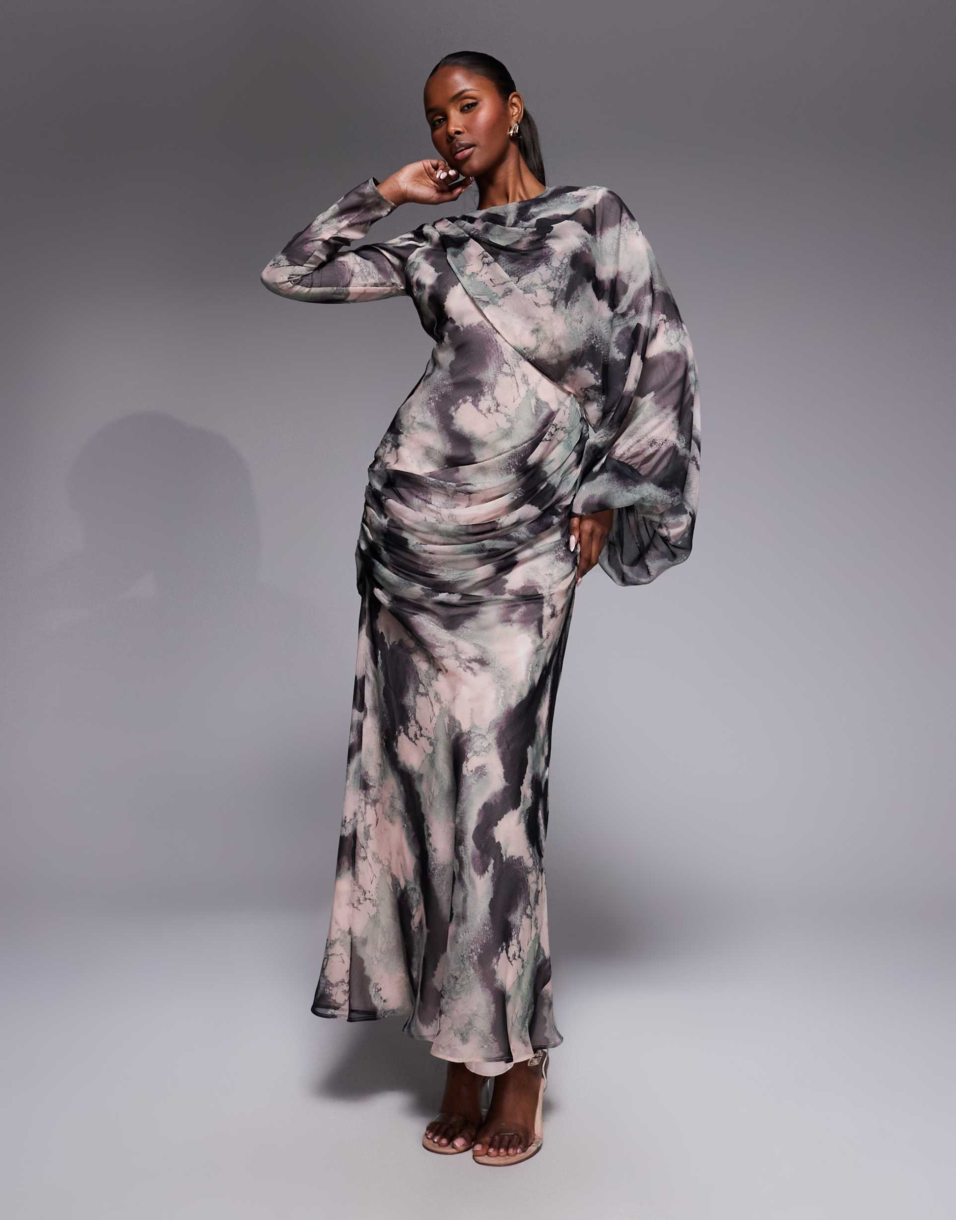 asos design drape front blouson sleeve maxi dress in charcoal abstract marble print