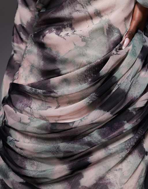 ASOS DESIGN drape front blouson sleeve maxi dress in charcoal abstract marble print, 3 of 4