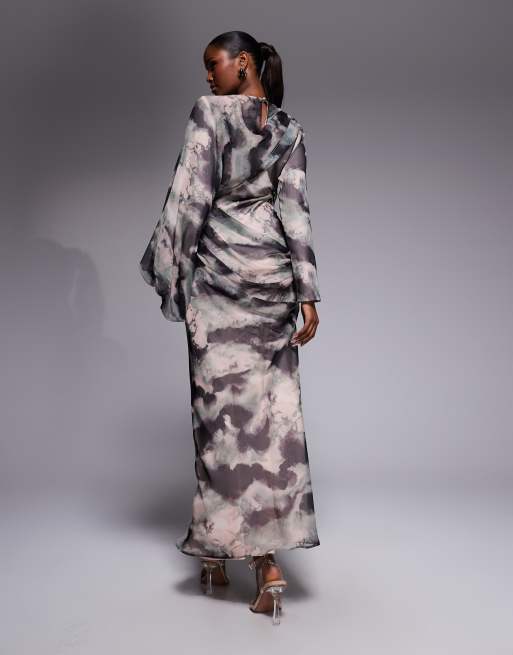ASOS DESIGN drape front blouson sleeve maxi dress in charcoal abstract marble print, 4 of 4