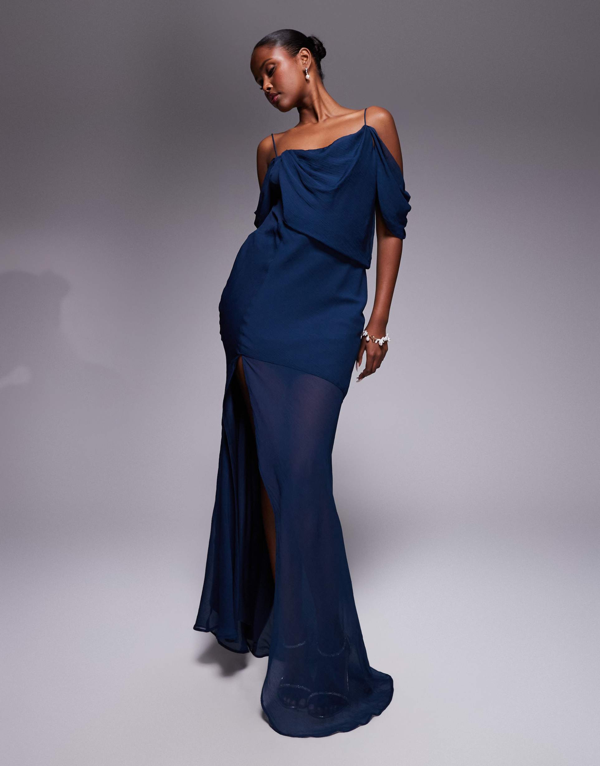 asos design drape front chiffon maxi dress in navy