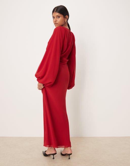 ASOS DESIGN drape front maxi dress with blouson sleeve in red, 4 of 4