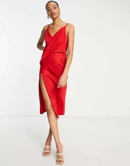 Asos Design Drape Front Midi Slip Dress With Wrap Skirt In Red | Asos