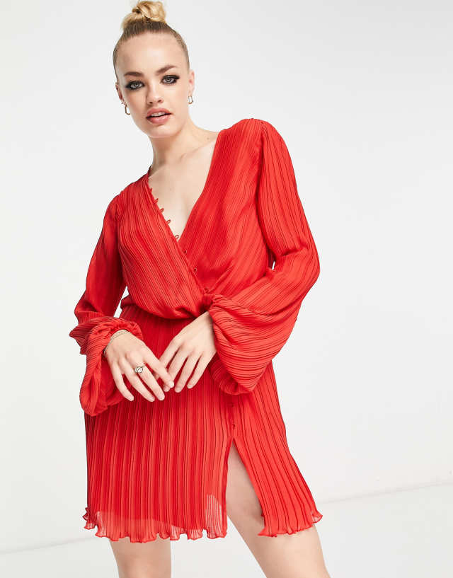 ASOS DESIGN drape front mini dress with button detail in plisse