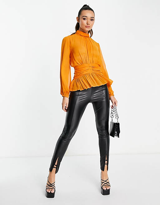 Tops Shirts & Blouses/drape front sheer blouse in orange 