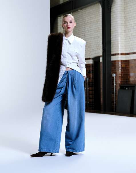 ASOS DESIGN drape front wide leg jean in mid blue - view 1