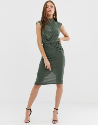 belted wrap front midi dress