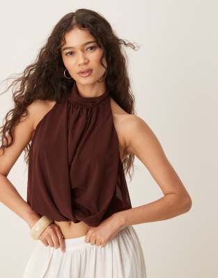 ASOS DESIGN drape halter neck top in chocolate - view 1