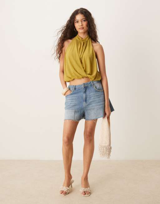 ASOS DESIGN drape halter neck top in olive green