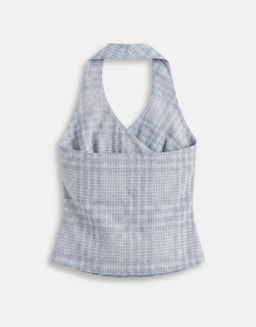 ASOS DESIGN drape halter top in blue check (part of a set), 6 of 8