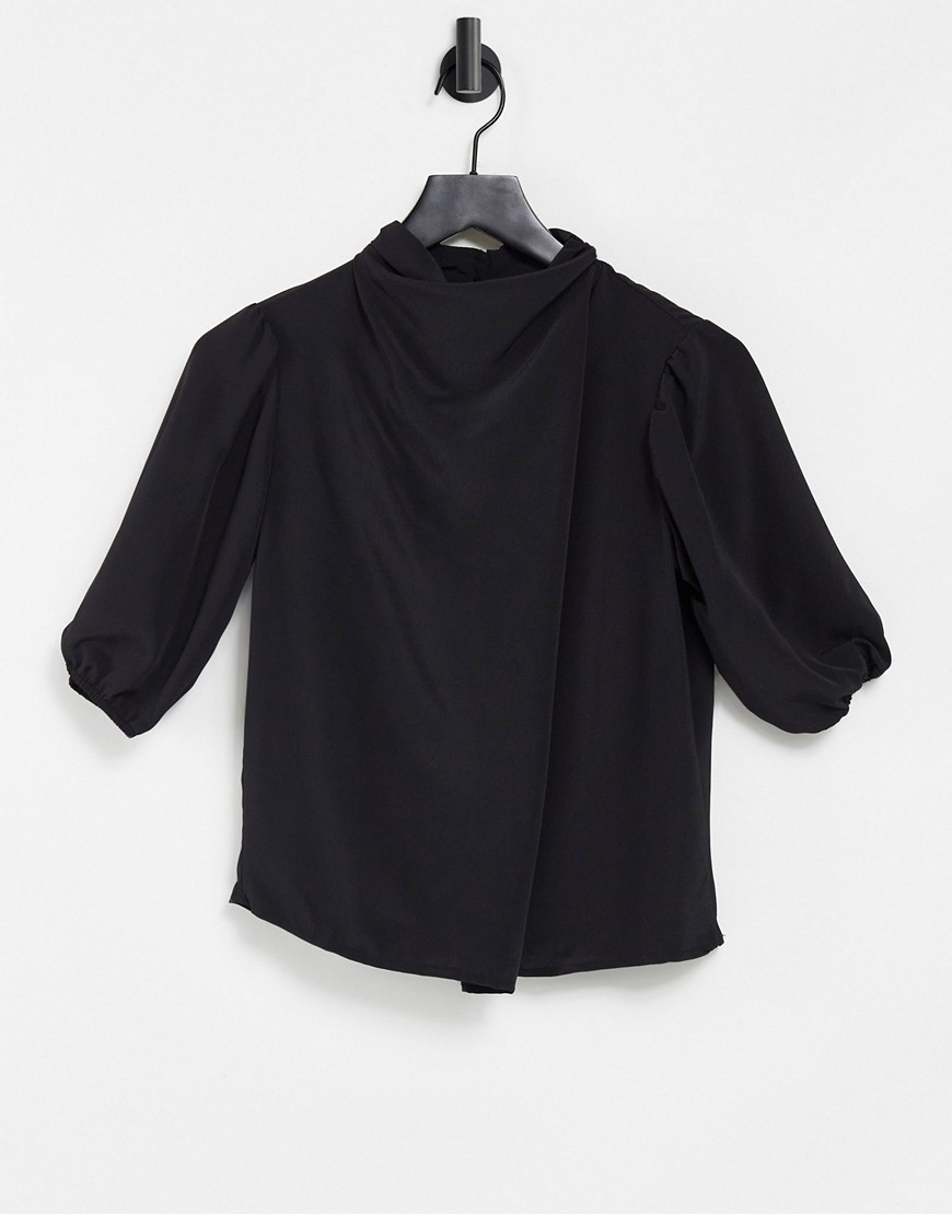 ASOS DESIGN drape high neck blouse with short sleeve in black