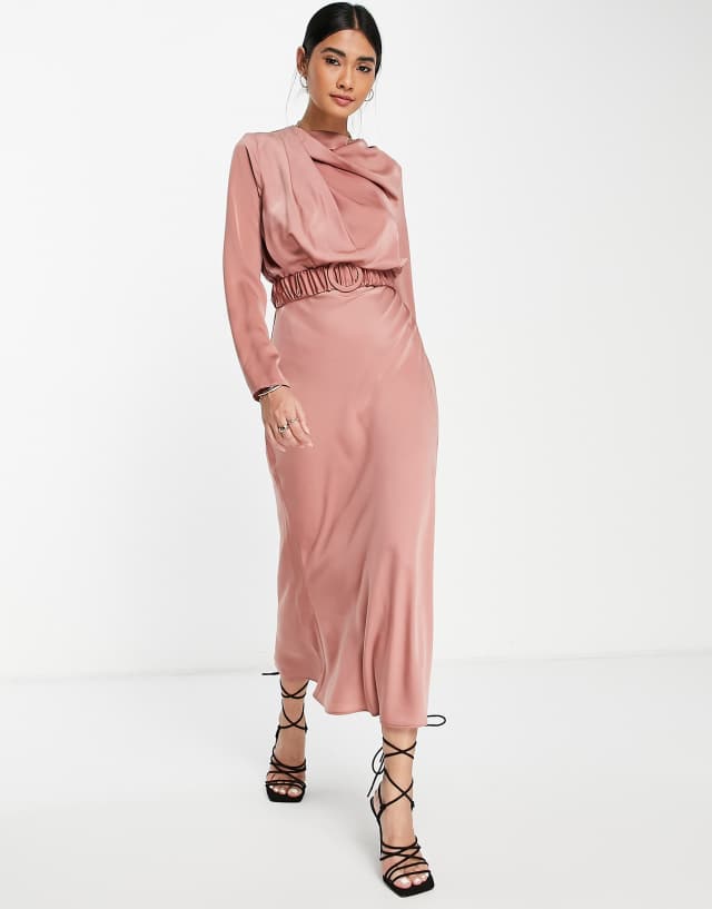 ASOS DESIGN drape high neck satin long sleeve midi dress with scrunchie belt in brown