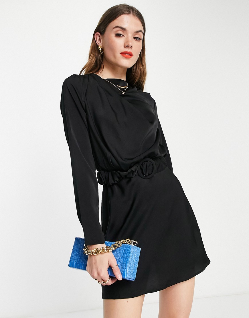 ASOS DESIGN drape high neck satin long sleeve mini dress with scrunchie belt detail-Black