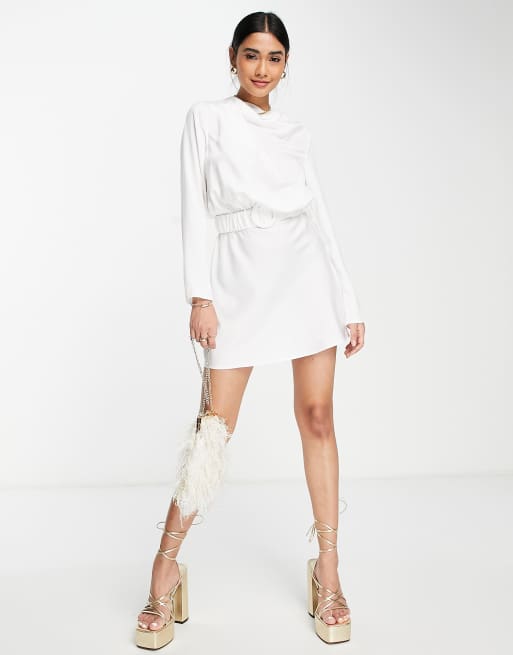 ASOS DESIGN drape high neck satin long sleeve mini dress with scrunchie  belt detail