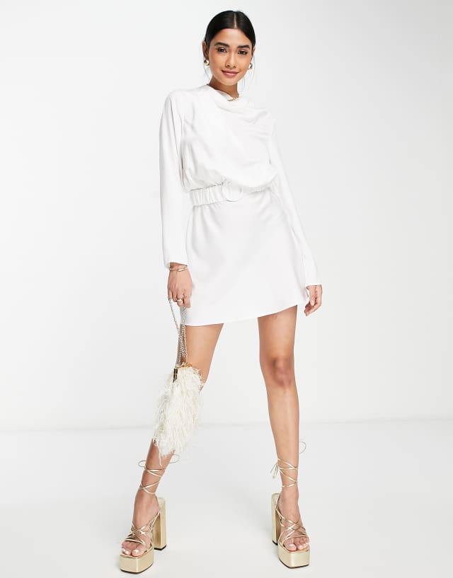 ASOS DESIGN drape high neck satin long sleeve mini dress with scrunchie belt detail