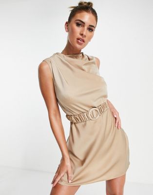 ASOS DESIGN drape high neck satin mini dress with scrunchie belt detail in stone - ASOS Price Checker