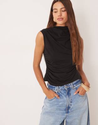 ASOS DESIGN drape high neck short sleeve top in black - view 1