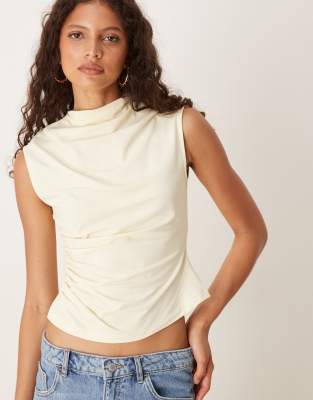 ASOS DESIGN drape high neck short sleeve top in buttermilk - view 1