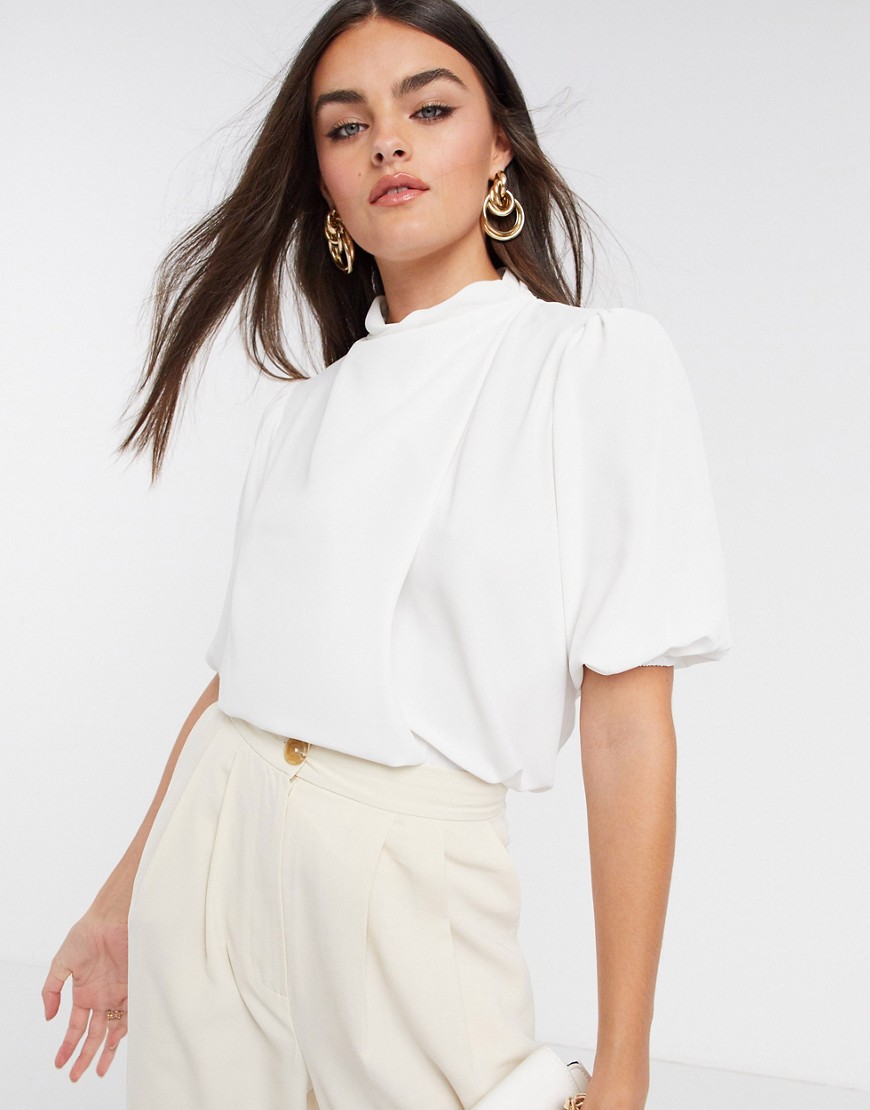 ASOS DESIGN drape high neck top with short sleeve in ivory-White