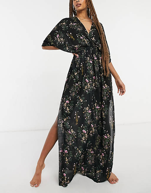 ASOS DESIGN drape maxi beach dress in dark floral print