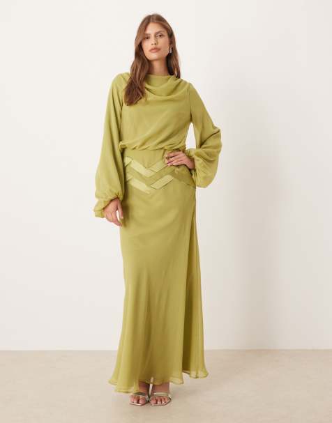 ASOS DESIGN drape maxi dress with blouson sleeve and satin weave detail in green - view 1