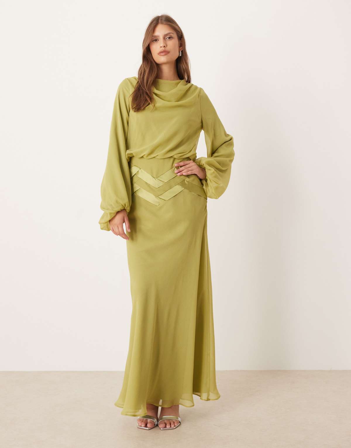 ASOS DESIGN drape maxi dress with blouson sleeve and satin weave detail in green
