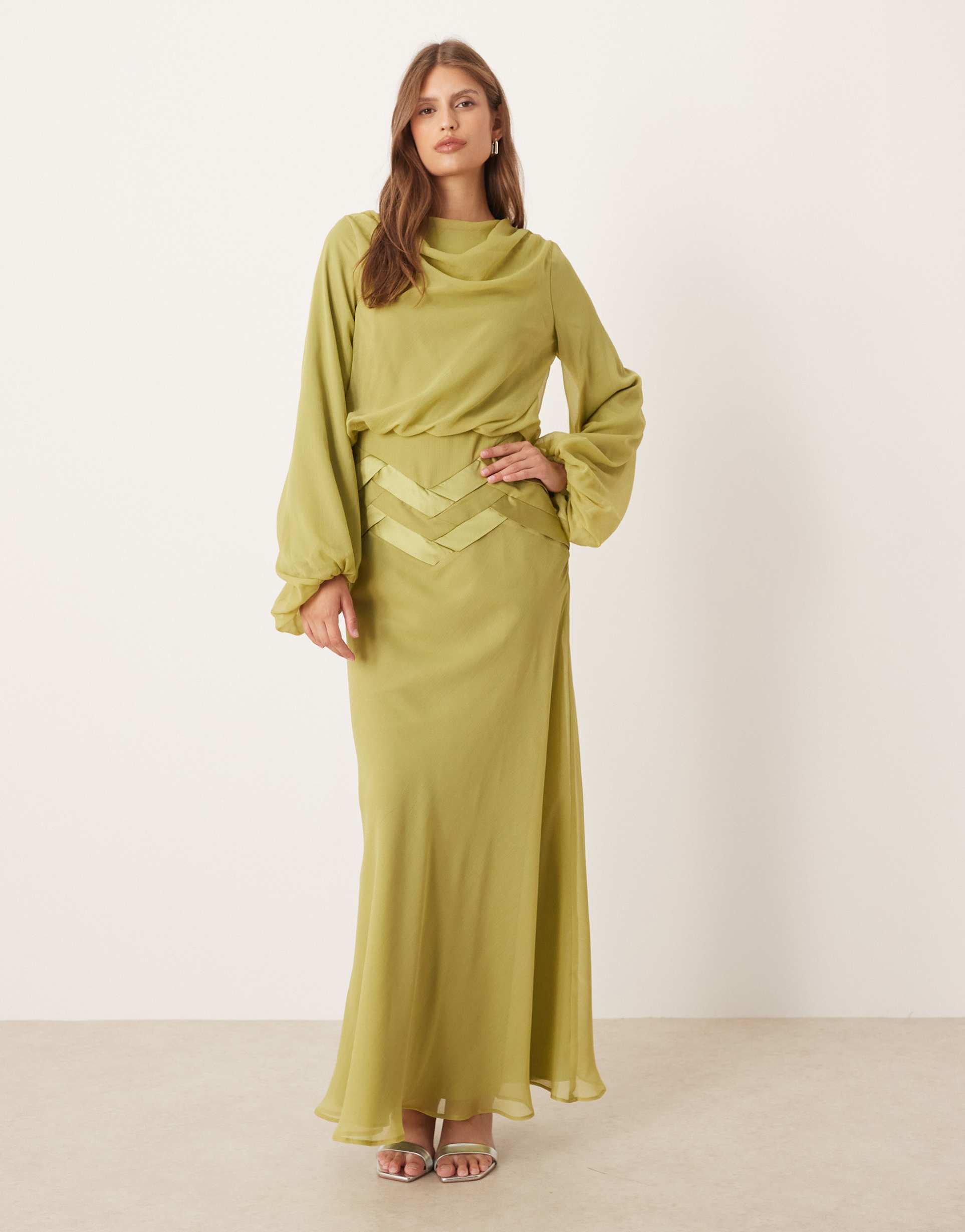 asos design drape maxi dress with blouson sleeve and satin weave detail in green